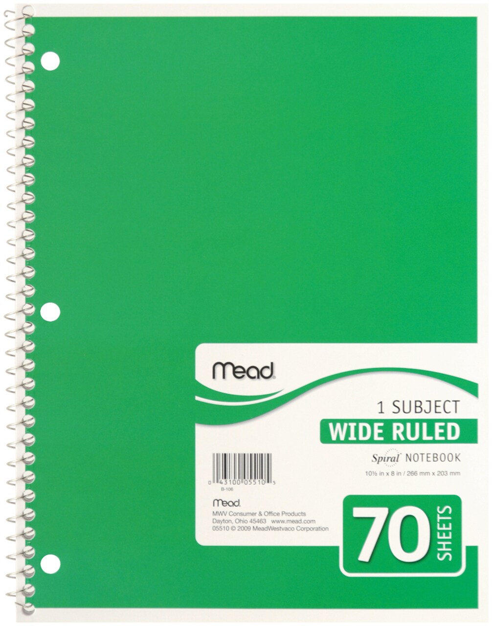 Mead 1 Subject Wide Ruled Spiral-Bound Notebook 10.5"X8"-70 Sheets